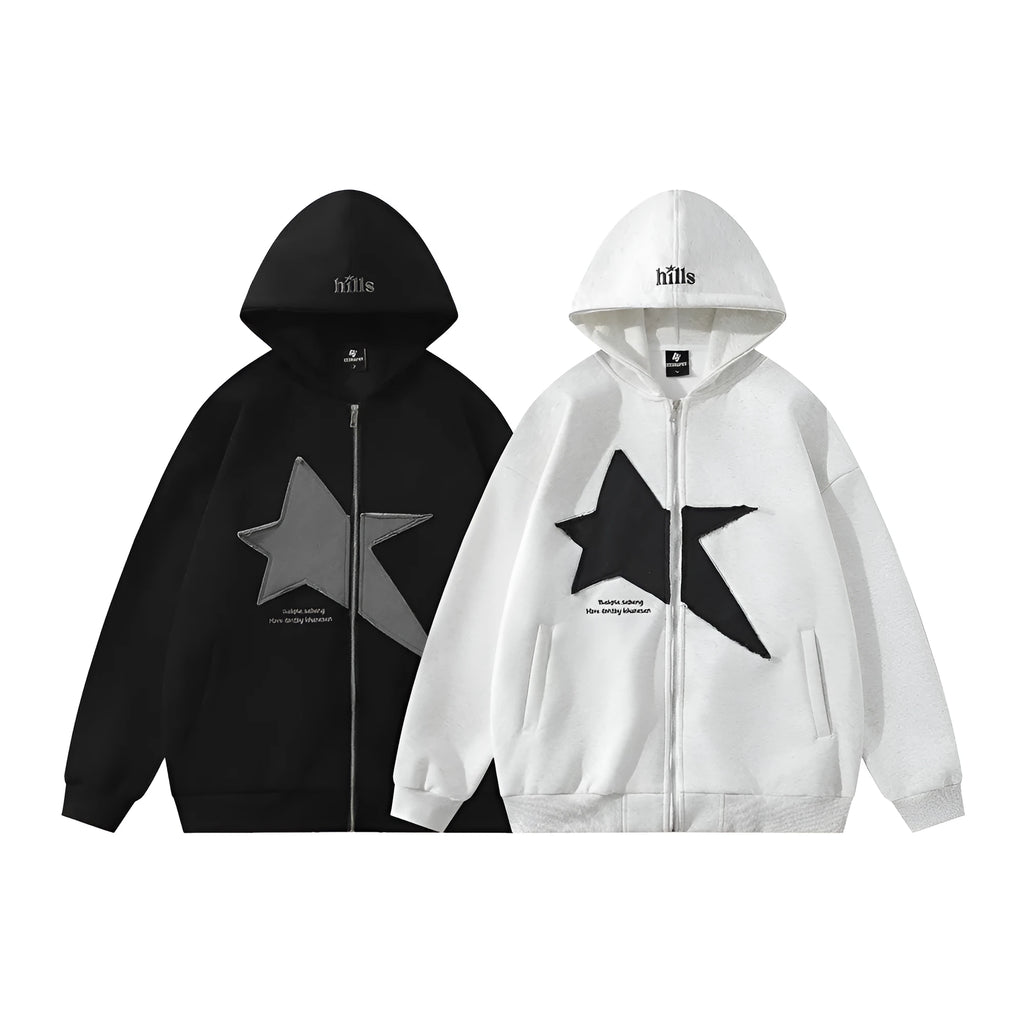 Men's pentagram geometry paste cloth embroidery hooded cardigan sweater in cotton blend loose fit black color