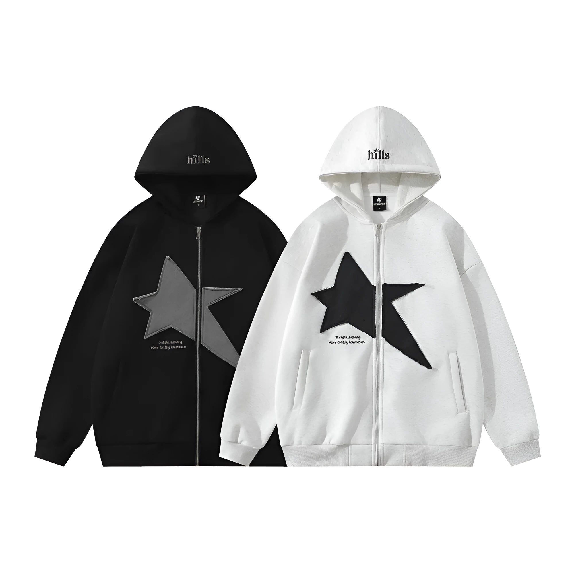 Men's pentagram geometry paste cloth embroidery hooded cardigan sweater in cotton blend loose fit black color