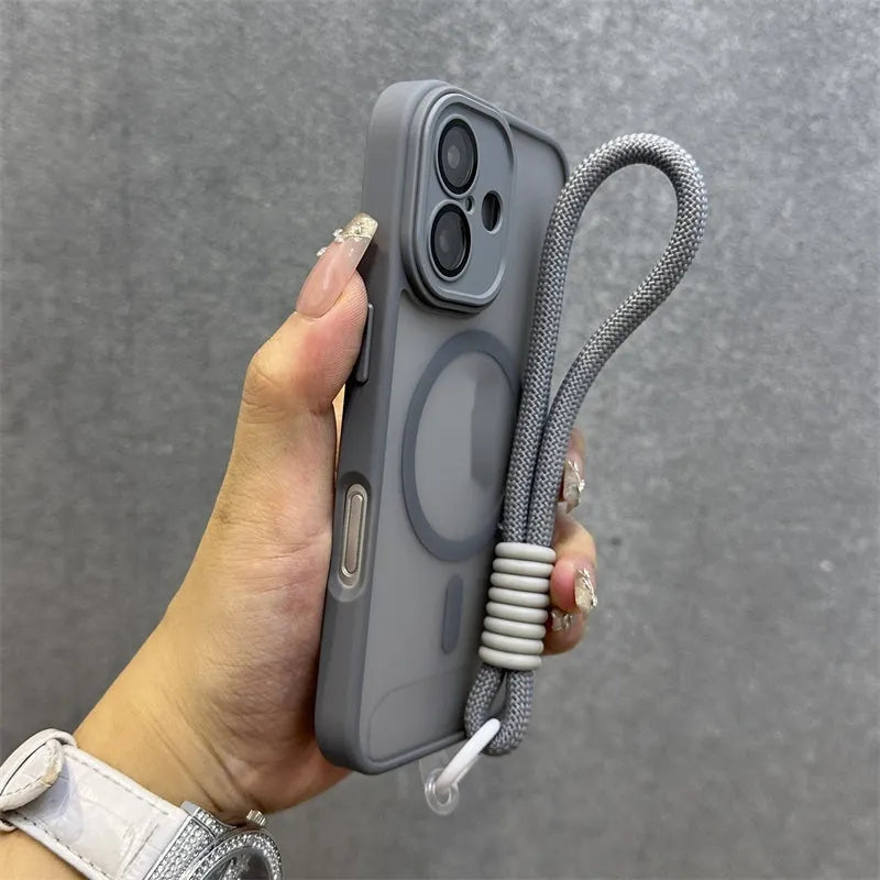 Skin-sensitive frosted magnetic phone case for iPhone with all-inclusive lens drop-resistant design in grey