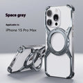 Rotary magnetic iPhone case in hollow aluminium alloy with X-shaped bracket, shown in Deep Space Gray