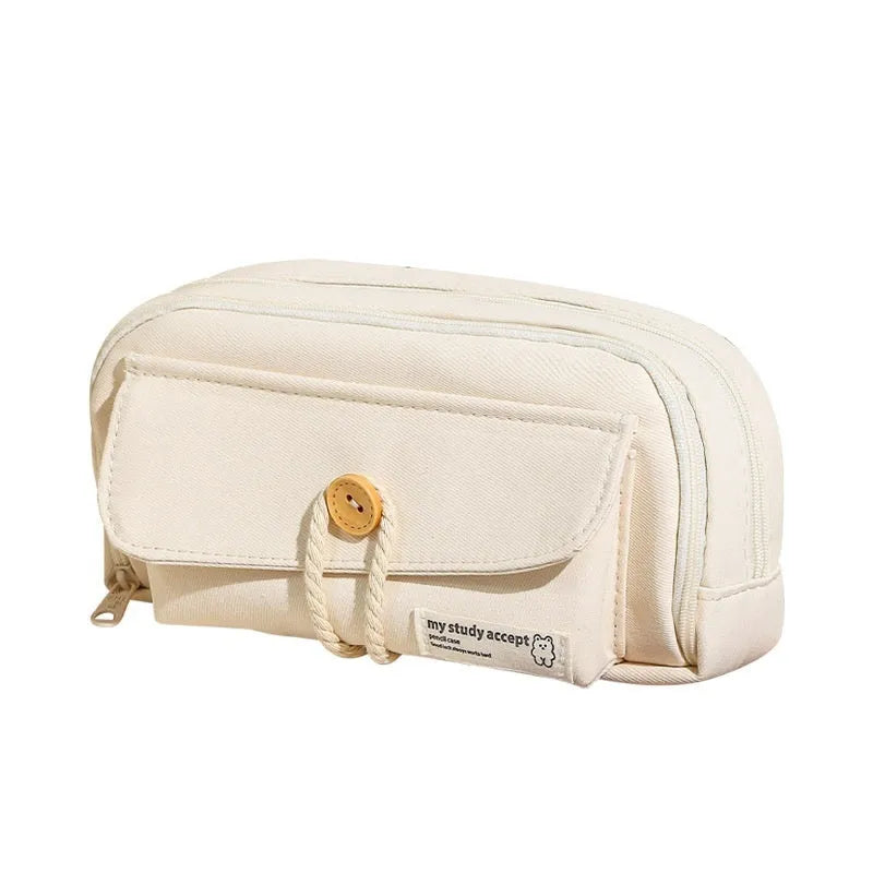Large capacity canvas pencil case in green, holding multiple pens, simple Korean style design.