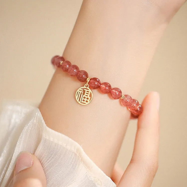 Handmade strawberry quartz blessing card bracelet with adjustable universal wrist size