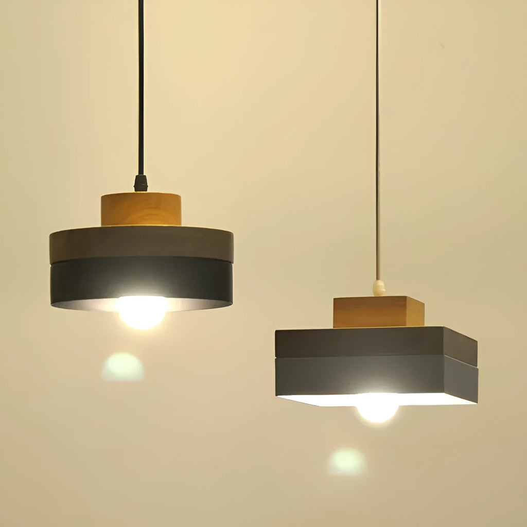 Wooden round and square LED chandeliers in matte black and white finishes with adjustable suspension