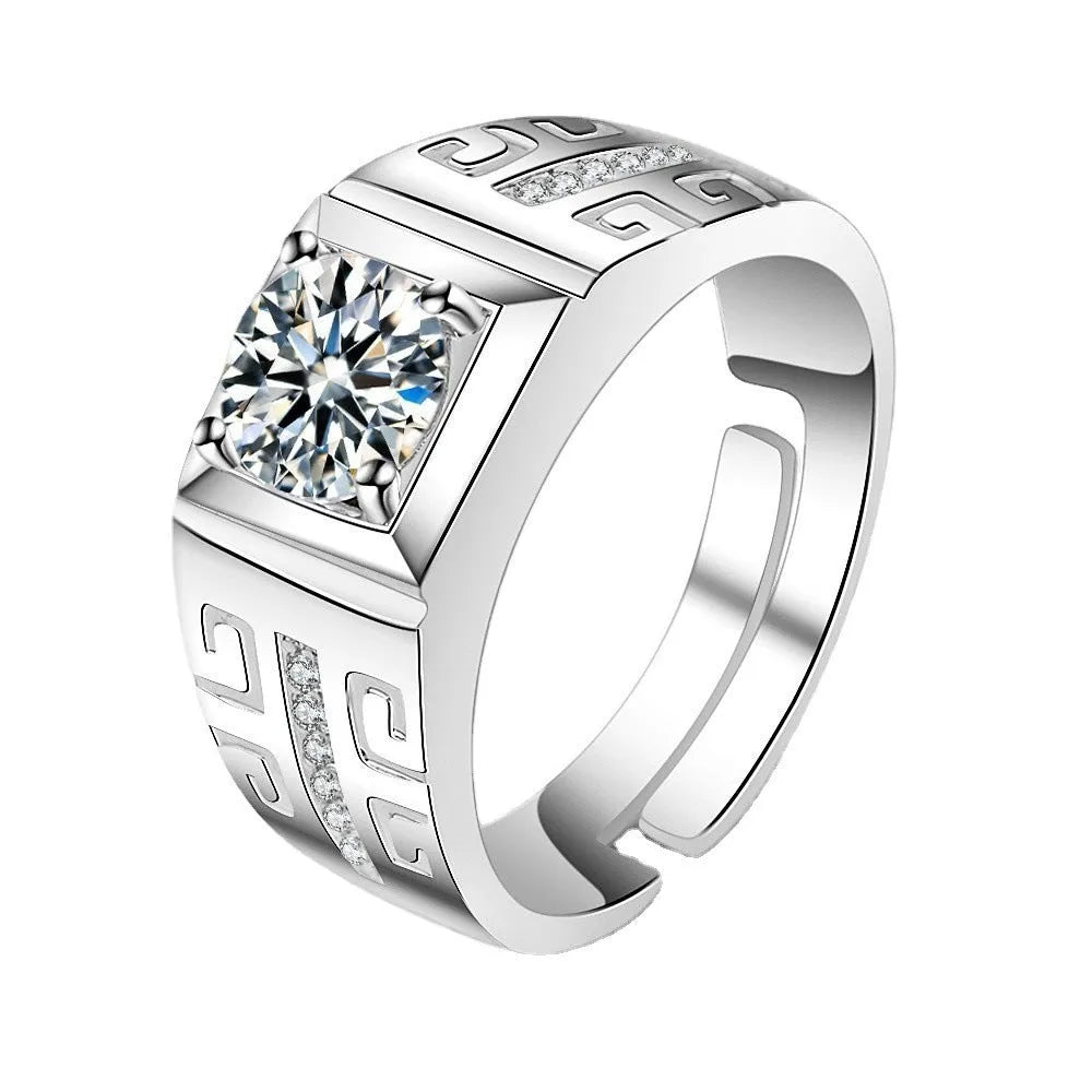 Men's large square diamond ring in copper with adjustable opening, shown in gold and platinum colours.