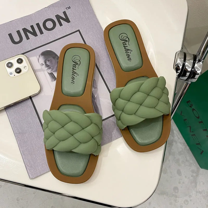 Women's plaid-patterned PVC beach sandals with a thick anti-skid sole, shown in white, green, orange, and black.