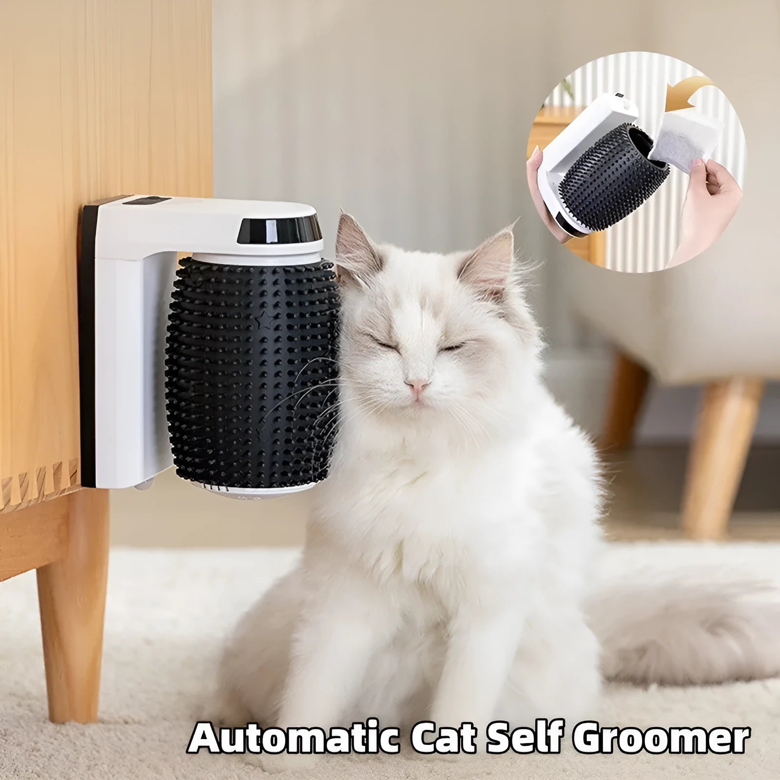 White automatic cat grooming brush mounted on a wall corner, showing USB cable and soft bristles.