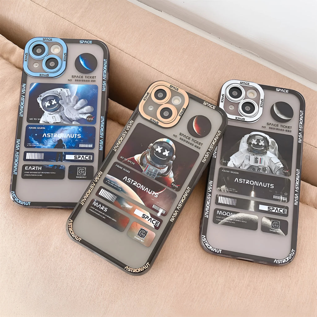 Astronaut graffiti print phone case for iPhone in blue-black, orange-black, and white-black contrast colours