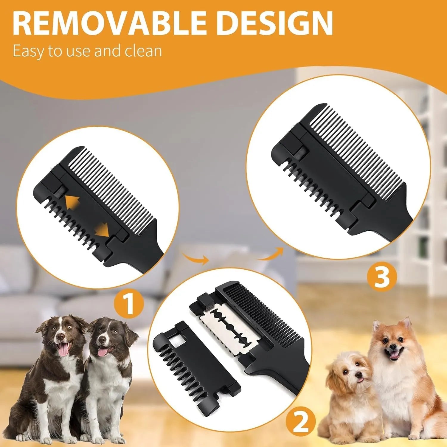 Pet razor comb with comb teeth and integrated grooming blade for dogs and cats.