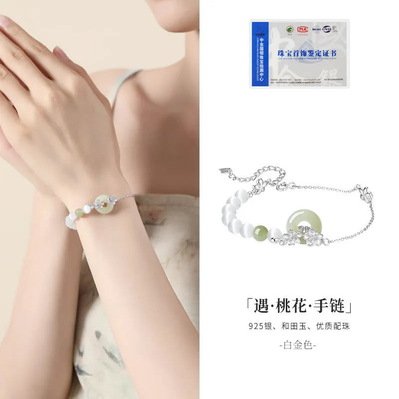 Pure silver peach blossom bracelet with safety buckle clasp in new Chinese style design