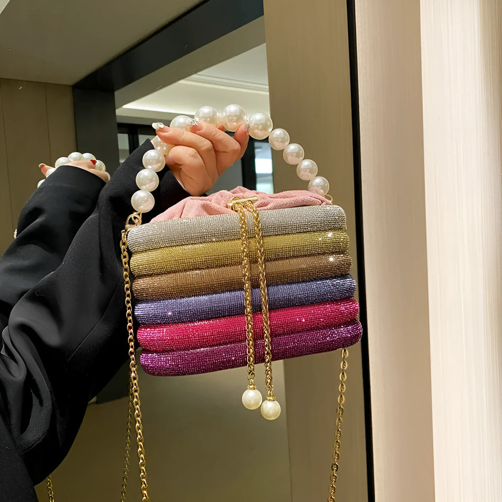 Women's round one-shoulder crossbody bag with pearl bead decoration in European retro style