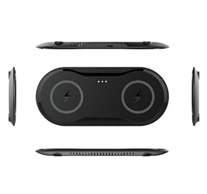 Black and white dual wireless charger charging two smartphones simultaneously on anti-slip silicone base