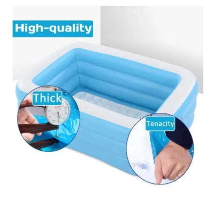 Blue and white rectangular inflatable PVC swimming pool 150cm by 110cm by 50cm for outdoor garden use