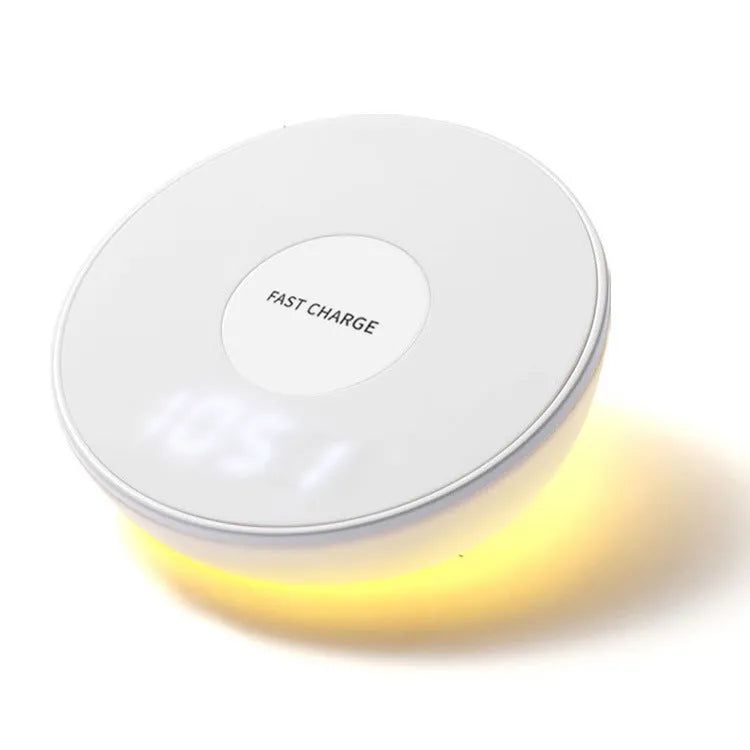 White wireless charger with clock display and three control buttons for mobile phone charging