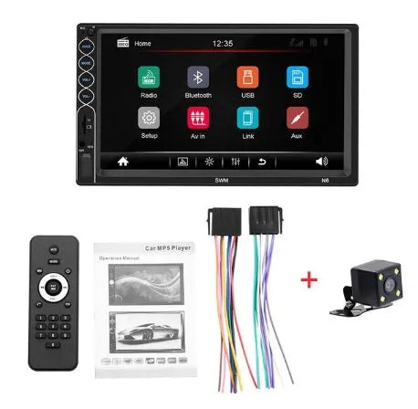 7-inch double DIN car MP5 player with Bluetooth and USB touchscreen in black