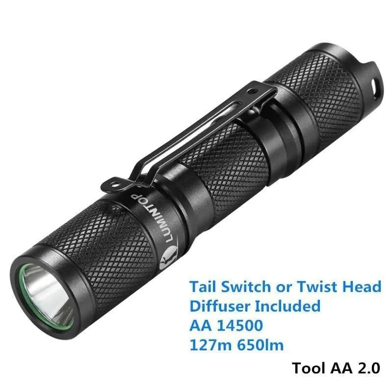 Lumintop Tool AA 2.0 black compact flashlight with magnetic tail cap and diffuser accessory