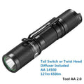 Lumintop Tool AA 2.0 black compact flashlight with magnetic tail cap and diffuser accessory