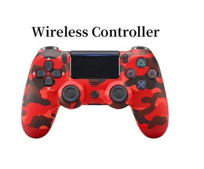 Wireless PlayStation 4 Controller in various color options, including purple, transparent red, grey camouflage, camo blue, and more.