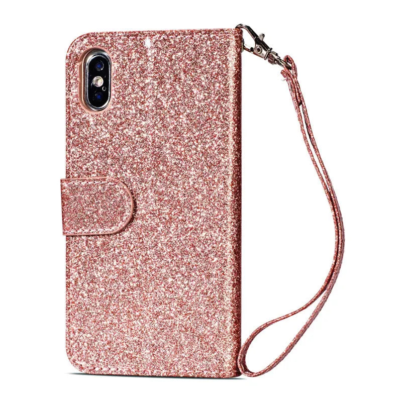 Black PU leather zipper case for iPhone shown closed and open next to a phone.