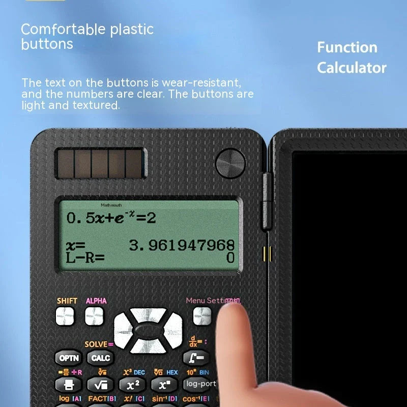 Versatile folding scientific calculator with integrated digital handwriting pad for seamless note-taking and calculations