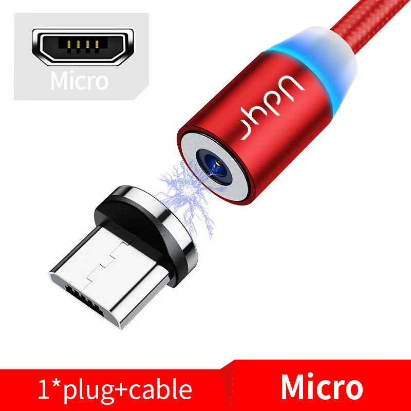 Black magnetic data cable with detachable Apple, Android and Type-C magnetic heads, shown in 1m and 2m lengths.