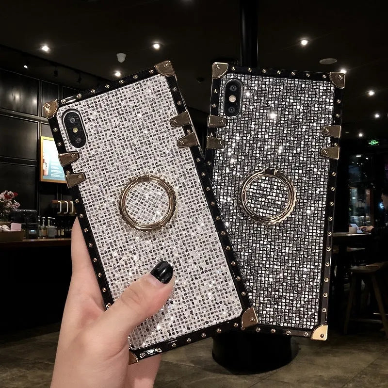 Square TPU mobile phone case with flash diamond bracket design in four colour options