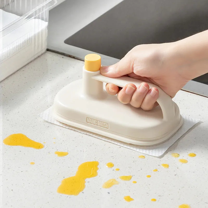 Magic Brush disposable dusting tool with plastic handle and white non-woven rags for cleaning