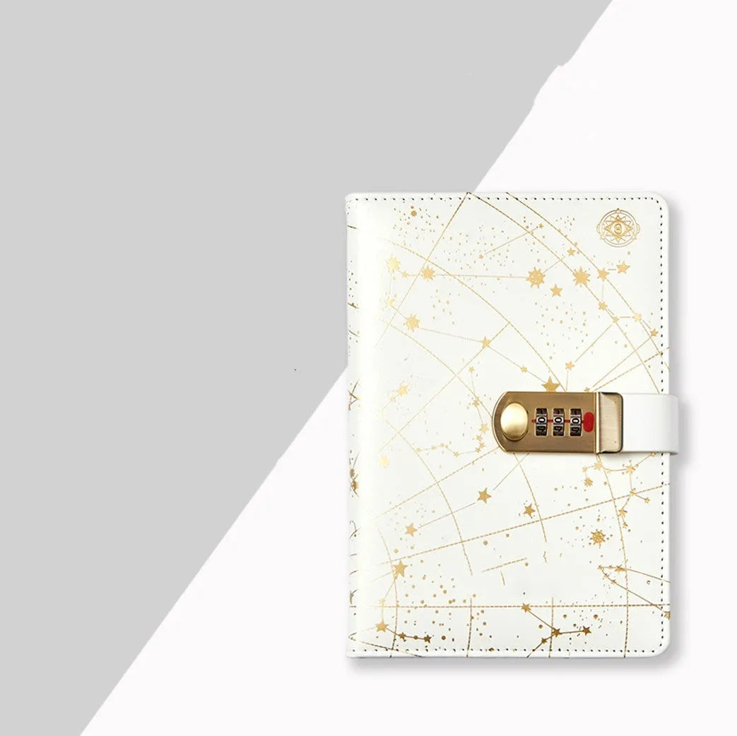 A5 password book diary with fingerprint lock, imitation leather hard cover, open to show 100 pages