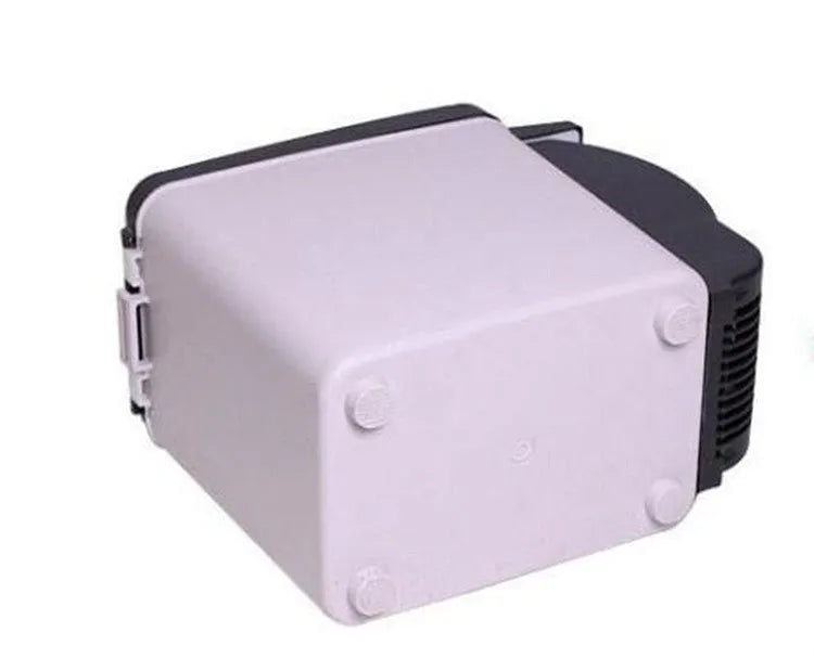 Black 6 litre portable mini fridge for car and home use with carry strap, cooling drinks inside