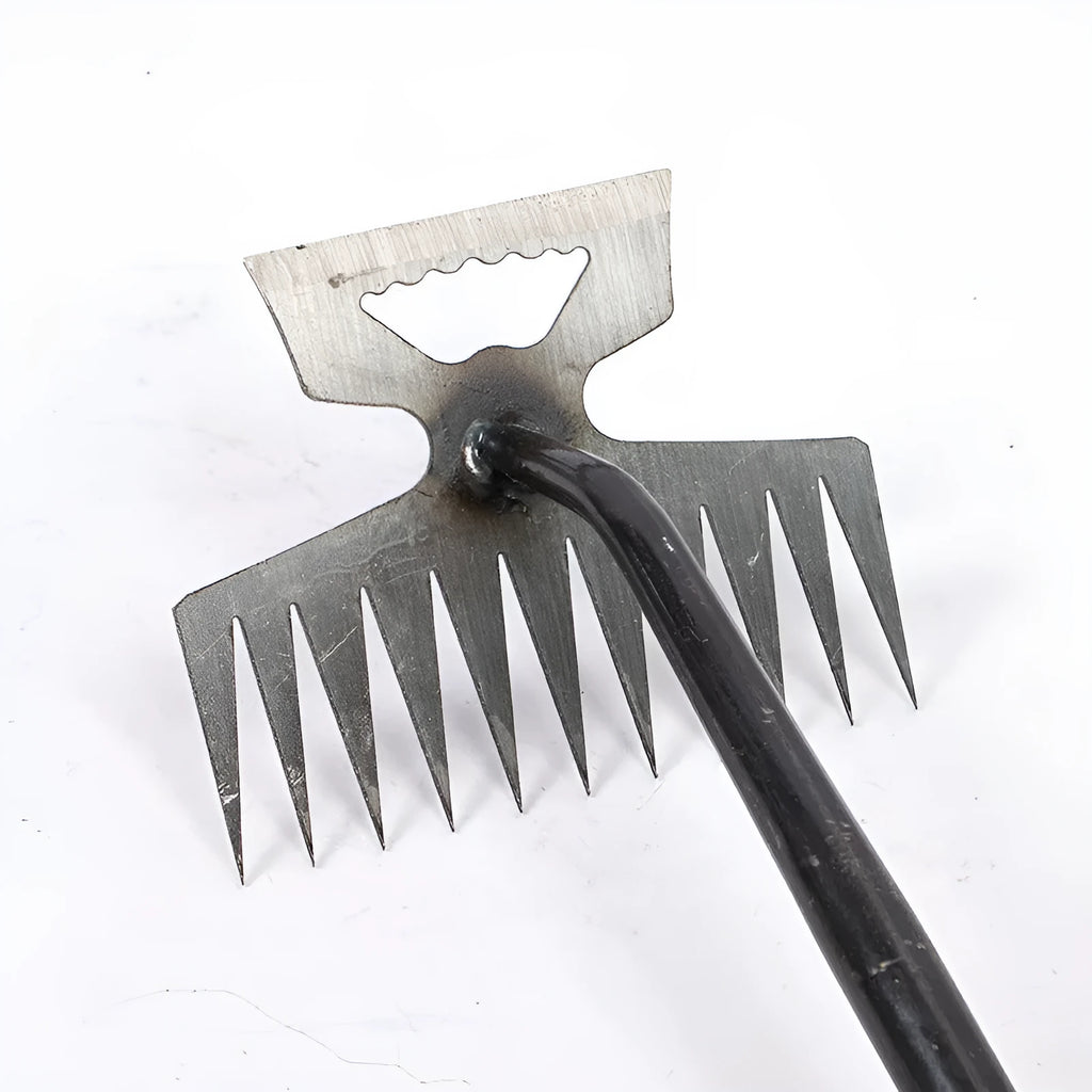 Green steel handled weeding rake with carbon steel head and 5 teeth for soil turning and planting