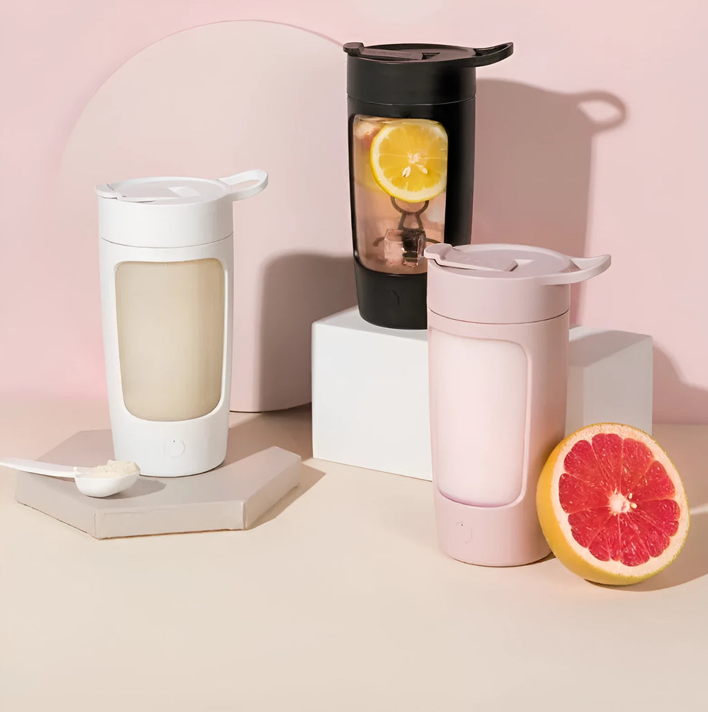 Portable rechargeable juice blender with 650ml capacity cup in black, blue, pink, or white colours