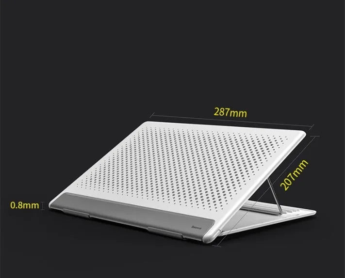 Portable black metal alloy laptop stand folded to 0.8mm thickness next to a notebook computer.