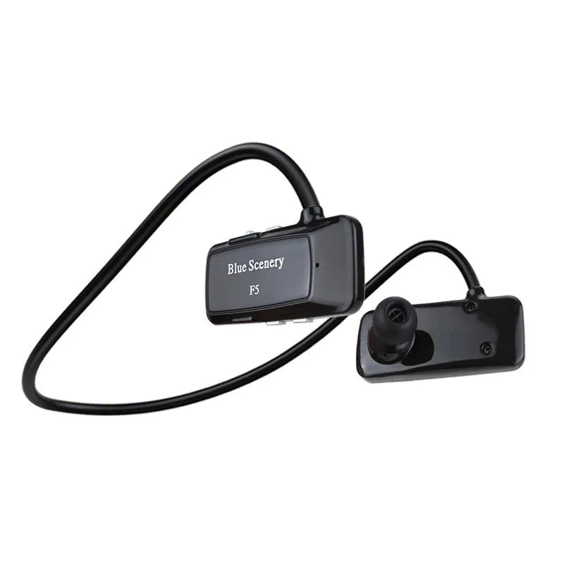 F5 wireless Bluetooth headset with hanging ear design in black