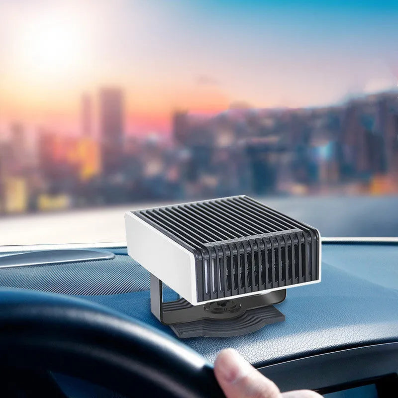 Black and white portable car heater and cooling fan, 180-degree rotation, 150W, 12V 24V, 1.5m cord.