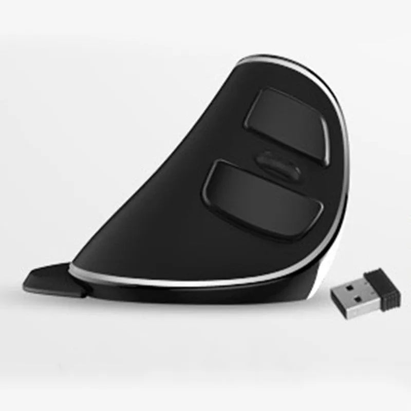 Vertical ergonomic computer mouse with RGB lighting and USB cable on a desk