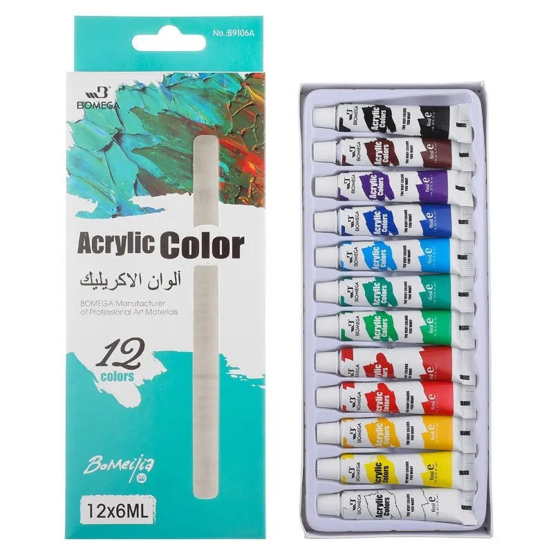 Set of 12 tubes of artist paint for acrylic, gouache, watercolour, and oil painting techniques.
