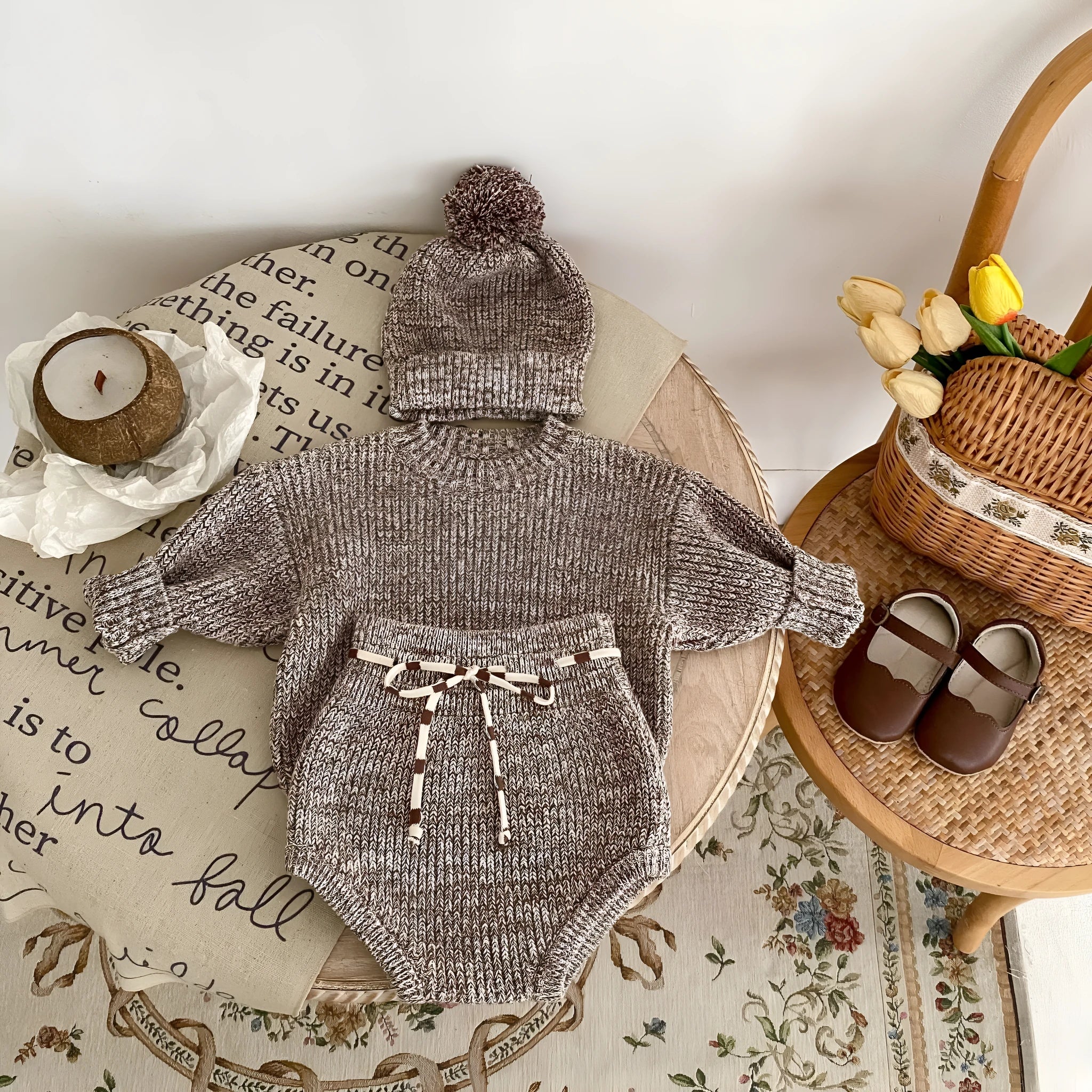 Dark brown cotton knitted three-piece set for infant girl with fur ball hat