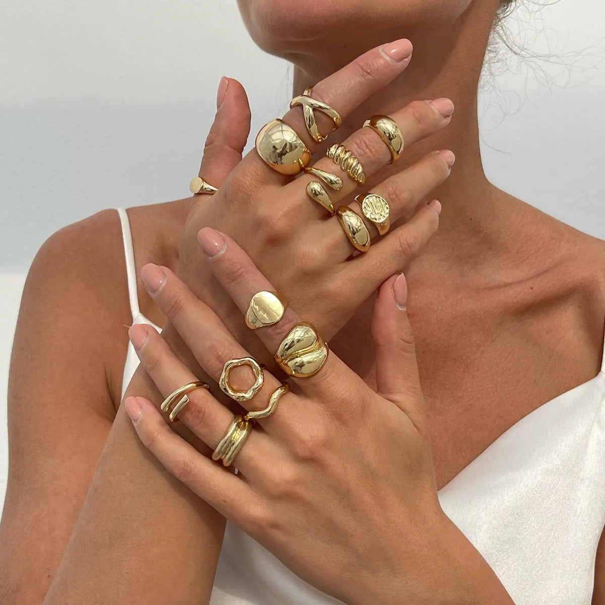 14 piece adjustable geometric ring set in Gold or White K with open-mouth alloy bands