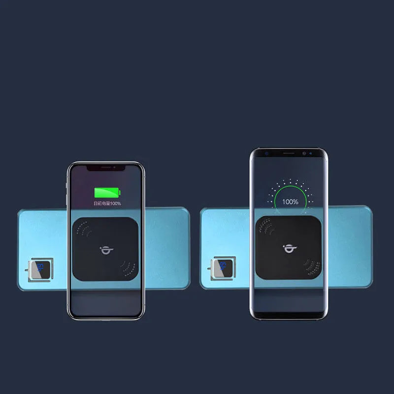 Black portable power bank with LCD display showing charge level