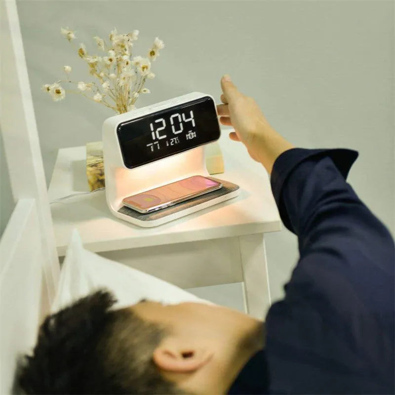White 3-in-1 bedside lamp with wireless charging pad, LCD display, and ABS lampshade