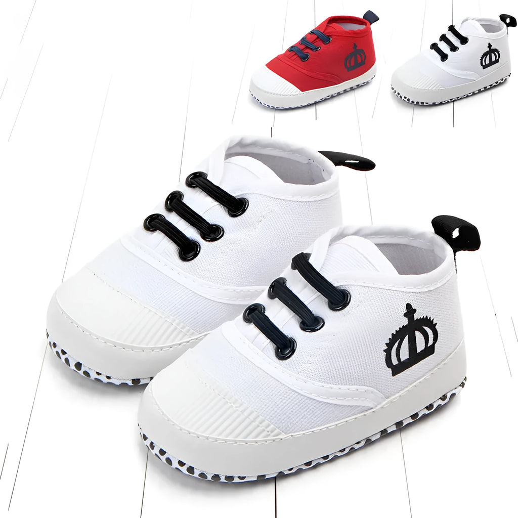 Red and white cotton canvas baby shoes with elastic band for toddlers
