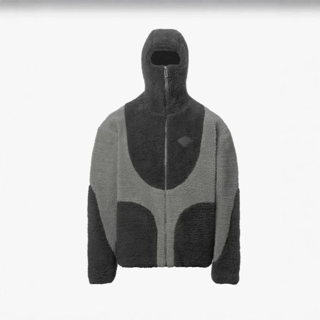 Men's hooded fleece jacket in a stylish patchwork design, available in various colors and sizes