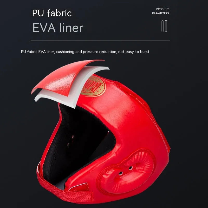 Red fully enclosed boxing helmet with integrated jaw protector for combat sports training