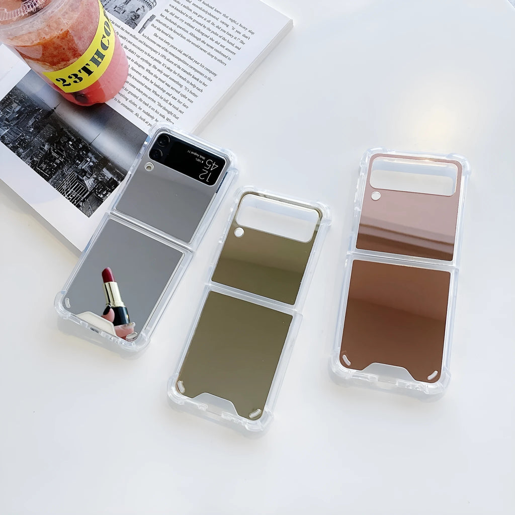Soft acrylic mirror folding phone case for Samsung Z Flip3 Z Flip4 Z Flip5 in silver, gold, or rose gold