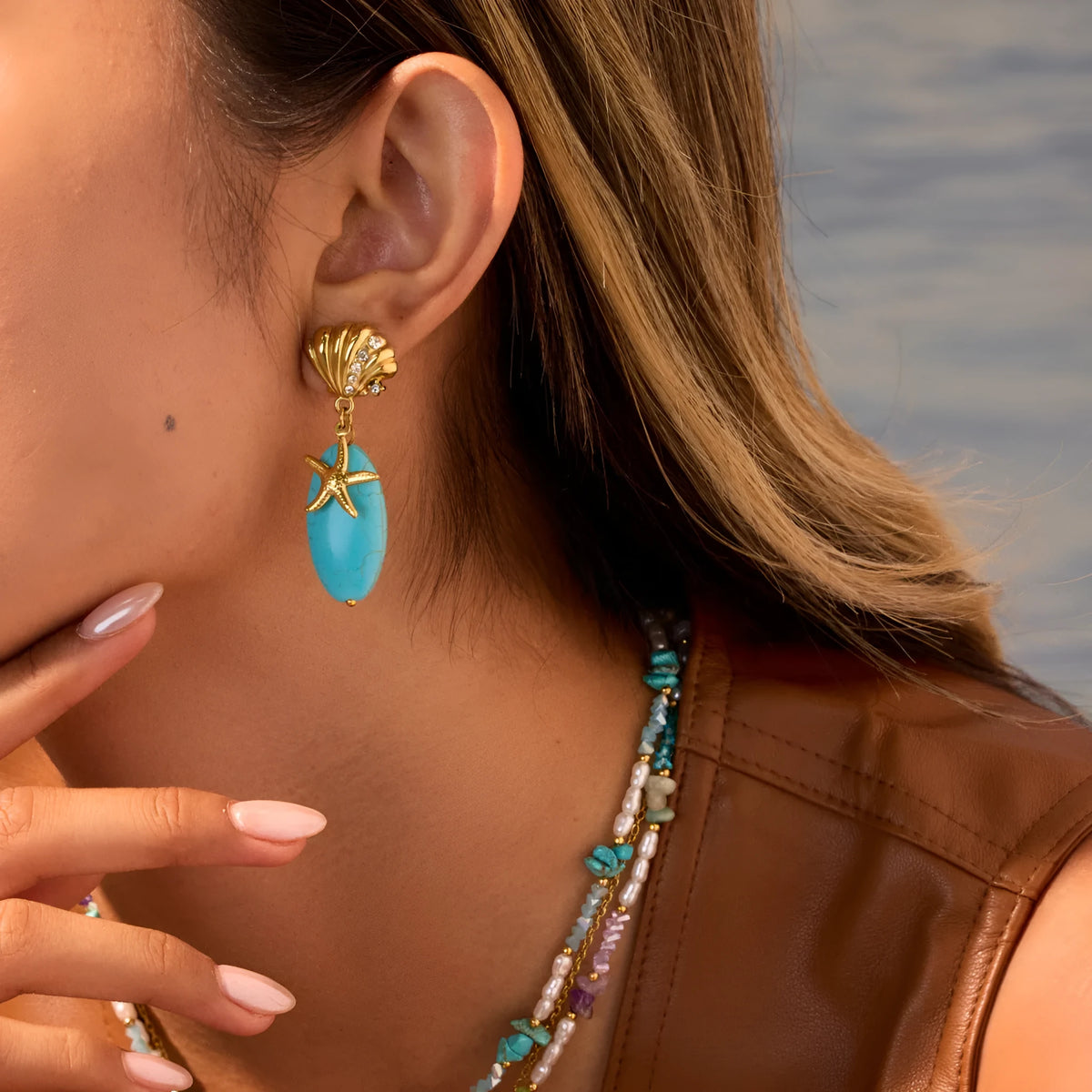 Natural stone turquoise earrings with stainless steel eardrop, 18K electroplated star and geometric shapes
