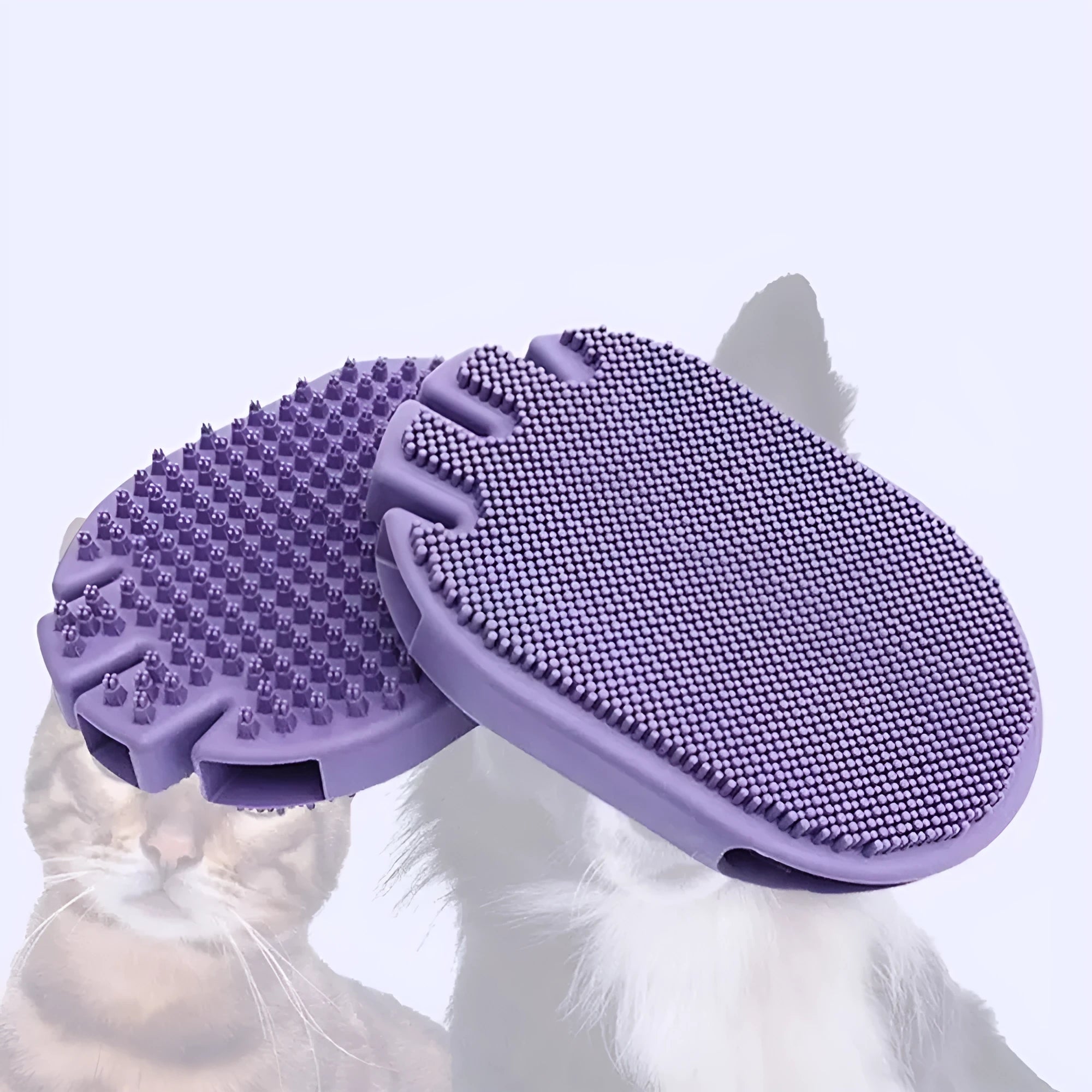 Purple pet shampoo brush with soft bristles and ergonomic handle for dog and cat grooming