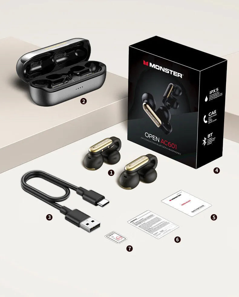 AC601 ear-mounted Bluetooth bone conduction headset in beige, black or purple with Type-C cable