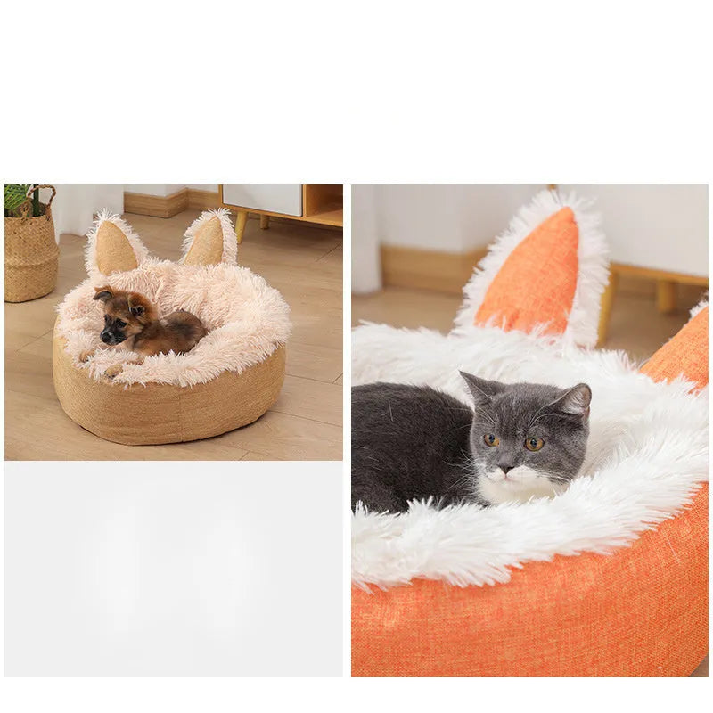 Soft plush faux fur circular pet bed for cats and dogs in blue colour