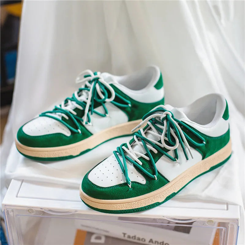 Men's low-top lace-up sneaker in beige with height increase, microfiber upper, and rubber sole on flat surface