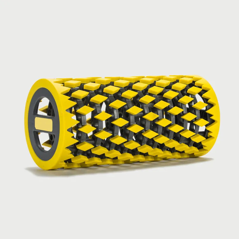Handheld percussion massage equipment in blue and yellow for fascia relaxation and deep tissue relief