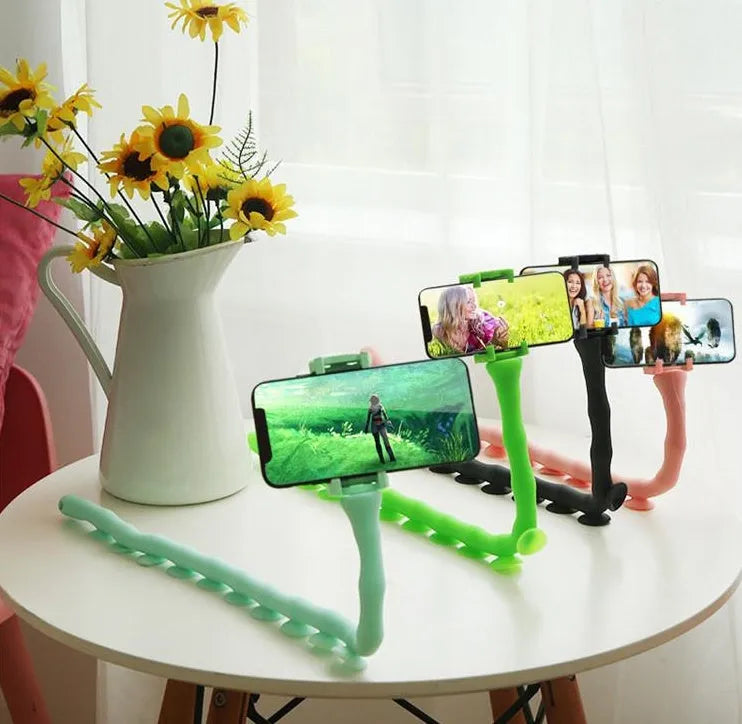 Flexible worm design mobile phone holder with suction cup mount showing 62cm length and black colour option